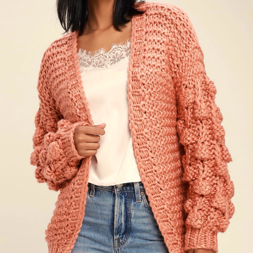 Pom Pom Balloon Sleeve Cardigan Sweater